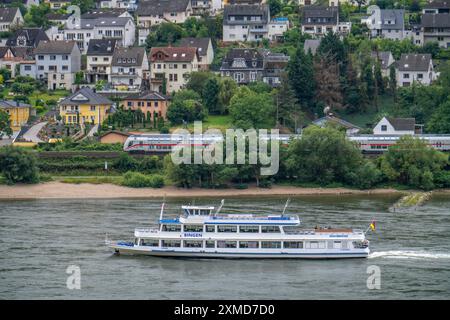 Linkes Ufer der Rheinbahnstrecke im Oberen Mittelrheintal, bei Trechtingshausen, IC-Zug durch die Stadt, Ausflugsschiff Stockfoto