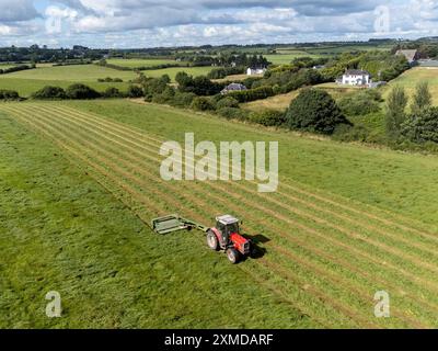 Cork, Irland. Juli 2024. DC 27-7-24 Landwirte nutzen das gute Wetter am Wochenende, Cork, Irland. Mit der Wettervorhersage für die kommende Woche nutzen Landwirte im ganzen Land die Gelegenheit, ihre Arbeit zu erledigen. Auf dem Bild ist ein Bauer in Killcully, Kork schneidet seine Silage. Viele Bauern arbeiten die Nacht durch, während das Wetter gut bleibt, um sicherzustellen, dass sie alle Silage schneiden und sammeln. Quelle: Damian Coleman/Alamy Live News Stockfoto