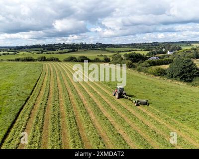 Cork, Irland. Juli 2024. DC 27-7-24 Landwirte nutzen das gute Wetter am Wochenende, Cork, Irland. Mit der Wettervorhersage für die kommende Woche nutzen Landwirte im ganzen Land die Gelegenheit, ihre Arbeit zu erledigen. Auf dem Bild ist ein Bauer in Killcully, Kork schneidet seine Silage. Viele Bauern arbeiten die Nacht durch, während das Wetter gut bleibt, um sicherzustellen, dass sie alle Silage schneiden und sammeln. Quelle: Damian Coleman/Alamy Live News Stockfoto