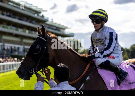 Albasheer wurde von Jockey Hollie Doyle gefahren, nachdem er das Whispering Angel Handicap während des QIPCO King George Day auf der Ascot Racecourse in Berkshire gewonnen hatte. Bilddatum: Samstag, 27. Juli 2024. Stockfoto