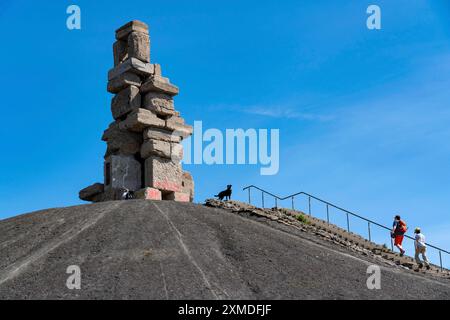 Rheinelbe-Grubenspitze in Gelsenkirchen, 100 Meter hohe Grubenspitze, Landschaftspark, mit der Skulptur Himmelsleiter, aus Betonteilen des Landschaftsparks Stockfoto