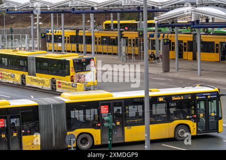 Straßenbahnen der Ruhrbahn, am S-Bahnhof Essen-Steele, Schnittstelle zwischen Schiene und Straßenbahn- und Buslinien, in Essen, Nordrhein-Westfalen, Deutschland Stockfoto