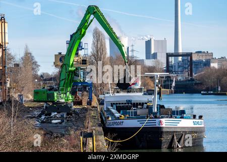 IM Westthafen Wanne wird Kohle für Kraftwerke von einem belgischen Frachtschiff aus Antwerpen auf Güterwaggons auf dem Rhein-Herne-Kanal übertragen Stockfoto