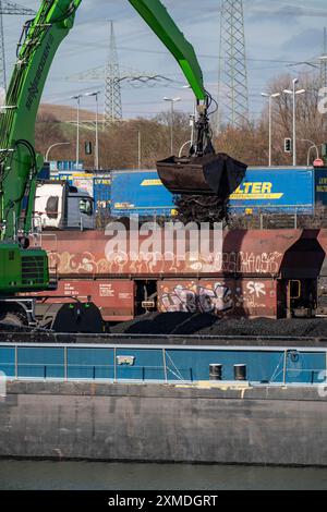 IM Westthafen Wanne wird Kohle für Kraftwerke von einem belgischen Frachtschiff aus Antwerpen auf Güterwagen auf Rhein-Herne umgeladen Stockfoto