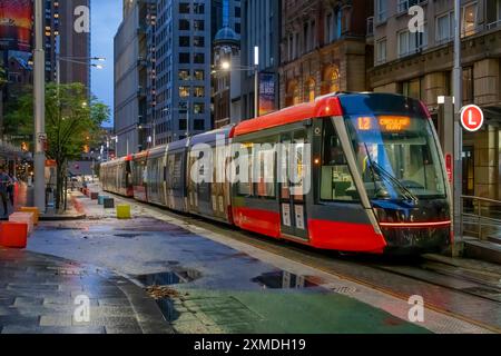 George Street Straßenbahnen im Regen mit Reflexionen in Sydney, Australien, NSW. Stockfoto