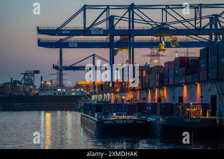 Hafenbecken, Portalkrane im Container Handling Center, trimodales Containerterminal, im Logport Duisburg-Rheinhausen, Frachtschiff Stockfoto