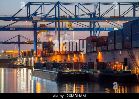 Hafenbecken, Portalkrane im Container Handling Center, trimodales Containerterminal, im Logport Duisburg-Rheinhausen, Frachtschiff Stockfoto