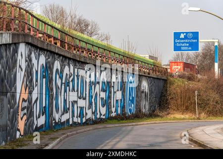 Großformatiges Wandgemälde, Graffiti, der Schalke-Fanszene, unterhalb der Autobahn A42, Ausfahrt Gelsenkirchen-Schalke, Ruhrpott Romantik, Gelsenkirchen, Nord Stockfoto