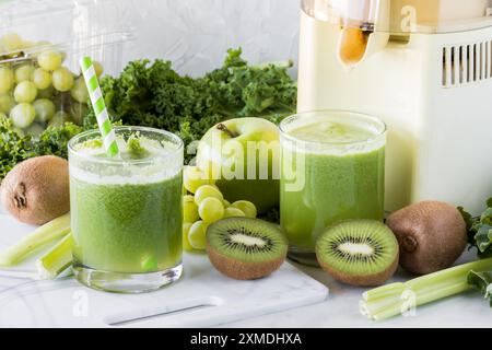 Zwei Gläser frisch zubereiteten grünen Saft mit Zutaten überall. Stockfoto