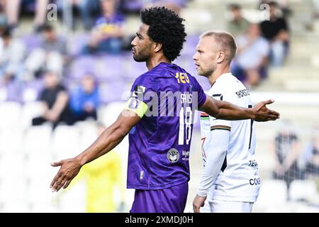 Antwerpen, Belgien. Juli 2024. Ryan Sanusi von Beerschot reagiert auf ein Fußballspiel zwischen Beerschot VA und OH Leuven am Samstag, den 27. Juli 2024 in Antwerpen, am Eröffnungstag der Saison 2024-2025 der ersten Liga der „Jupiler Pro League“ der belgischen Meisterschaft. BELGA FOTO TOM GOYVAERTS Credit: Belga Nachrichtenagentur/Alamy Live News Stockfoto