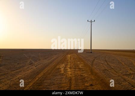 Die Stromleitung Erstreckt Sich Über Die Saudische Wüstenlandschaft Stockfoto