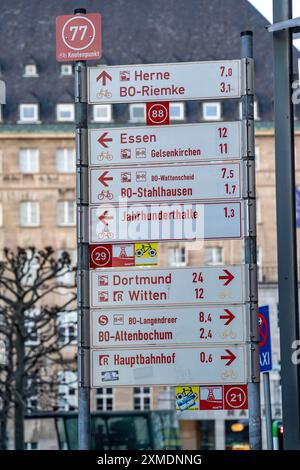 Radwegenetz, Wegweiser, Anschlusssystem, Stadtzentrum, Bochum, Nordrhein-Westfalen, Deutschland Stockfoto