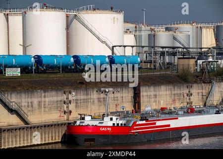 Duisport, Hafen Ruhrort, Ölinsel, TanQuid Tankfarm, für Mineralölprodukte, chemische Produkte, petrochemische Produkte, Flüssiggas, Fracht Stockfoto