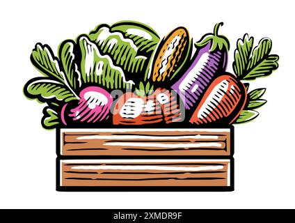 Holzkiste mit frischem Bio-Gemüse. Illustration des Farmfood-Vektors Stock Vektor