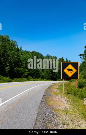 Elchwarnschild am Highway 60 im Algonquin Park in Ontario, Kanada Stockfoto