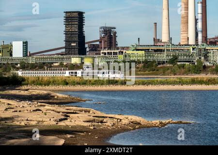 Niedrigwasserstand am Rhein, Ufer trocknen aus, Sandbänke im Fluss, Schifffahrt kann nur mit reduzierter Ladung und Geschwindigkeit fahren, ThyssenKrupp Steel Stockfoto