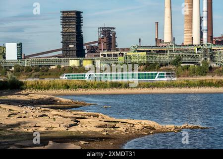 Niedrigwasserstand am Rhein, Ufer trocknen aus, Sandbänke im Fluss, Schifffahrt kann nur mit reduzierter Ladung und Geschwindigkeit fahren, ThyssenKrupp Steel Stockfoto