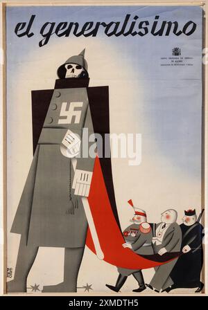 Antifaschistische Propagandaplakat aus dem Spanischen Bürgerkrieg (1936–1939). Es zeigt einen von den nazis unterstützten Franco, gefolgt von einem General, einem Kapitalisten und einem Priester Stockfoto