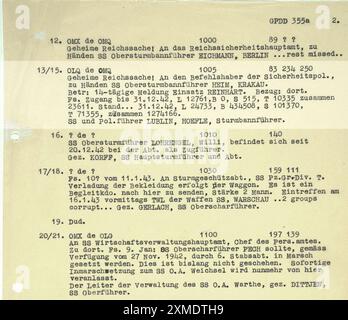 Das berühmte Höfle-Telegramm, das die Anzahl der Ermordeten in den ns-Vernichtungslagern zum 31. Dezember 1942 beschreibt. Zeile 13 sagt Staatsgeheimnis! An den Befehlshaber der Sicherheitspolizei, für SS-Obersturmbannführer HEIM, KRAKAU. Zu: 14-Tage-Bericht Operation REINHARD. Aufgezeichnete Ankünfte bis zum 31. Dezember 42, L 12761, B 0, S 515, T 10335, insgesamt 23611. Gesamtlage 31. Dezember 42, L 24733, B 434508, S 101370, T 71355, insgesamt 1274166. In diesem Dokument L=Maindanek, B=Belzec und T=Treblinka. Stockfoto