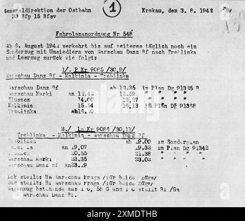 Zugfahrplan Nr. 548 der Generaldirektion der Ostbahn in Kraków vom 3. August 1942. Dieses erschütternde Dokument besagt, dass ab dem 6. August 1942 bis auf weiteres täglich ein Sonderzug mit Umsiedlern von Warschau nach Treblinka verkehrt und ein leerer Zug wie folgt zurückkehrt - gefolgt von den Zugzeiten. Stockfoto