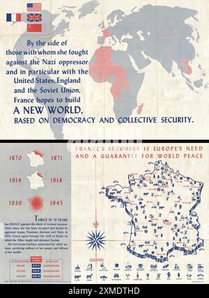 Ein französisches Propagandaplakat nach dem Krieg. Sie zeigt die Schlüsselindustrien Frankreichs und vermittelt die Botschaft, dass Frankreich zusammen mit dem Vereinigten Königreich, der UdSSR und dem Vereinigten Königreich eine zentrale Rolle beim Aufbau eines demokratischen und verbündeten Europas spielt. Stockfoto