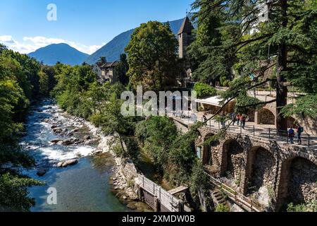 Stadtblick, Skyline von Meran, Passer, Passerprommenade, Südtirol, Italien Stockfoto