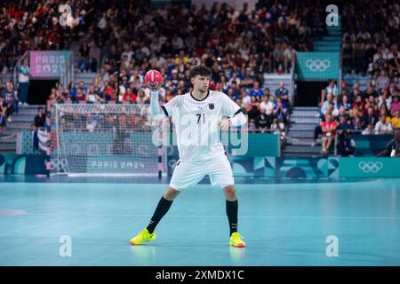 GRGIC Marko (Deutschland, #71) am Ball, FRA, Olympische Spiele Paris 2024, Handball, Herren, Deutschland (GER) vs Schweden (SWE), Gruppenphase, 1. Spieltag, Gruppe A, 27.07.2024 Foto: Eibner-Pressefoto/Michael Memmler Stockfoto