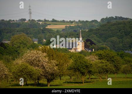 Das Ruhrtal zwischen Essen und Mühlheim an der Ruhr, Blick östlich von Essen-Kettwig, Marktkirche in der Altstadt, vom Mühlheim aus Stockfoto