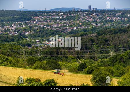 Die Skyline von Essen, Wolkenkratzer im Stadtzentrum, Blick nach Westen, über den Stadtteil Heisingen, von Velbert, Landwirt, der frisch geschnittenes Heu umwandelt Stockfoto