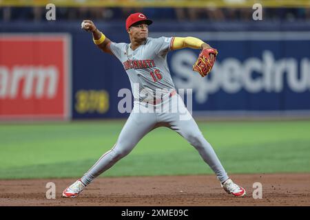 St. Petersburg, FL: Cincinnati Reds dritte Basis Noelvi Marte (16) Felder und wirft Tampa Bay Rays zweite Basis Curtis Mead (25) auf der ersten Basis durin Stockfoto