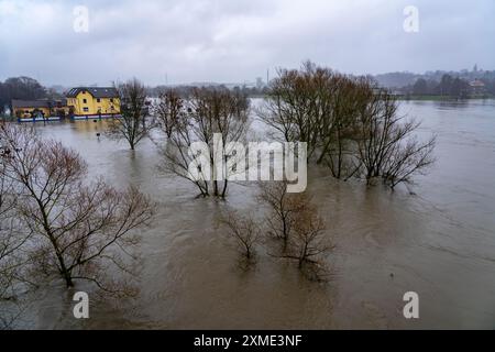 Hochwasser auf dem Ruhrgebiet, hier bei Hattingen, Gebäude auf einem überfluteten Campingplatz, komplett von Hochwasser umgeben, nach Tagen anhaltenden Regens, Norden Stockfoto