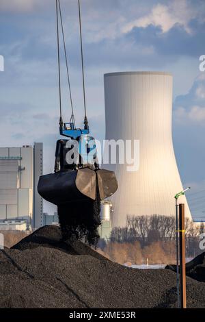 Der NIAG-Rheinhafen in Rheinberg-Orsoy, Entladung von Frachtschiffen mit importierter Kohle, anschließendes Verladen auf Eisenbahngüterwagen, im Hintergrund die Stockfoto