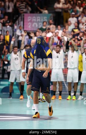 Julien Mattia/Le Pictorium - Handball - Paris 2024 - Deutschland, Schweden. Juli 2024. Frankreich/Ile-de-France (Region)/Paris - Deutschland gewinnt am 27. Juli 2024 in der Paris Sud Arena in Paris das fünfte Spiel der Gruppe A der Vorrunde der Olympischen Spiele der Männer zwischen Schweden und Deutschland. Quelle: LE PICTORIUM/Alamy Live News Stockfoto