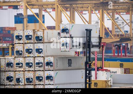 Containerterminal im Seehafen Bremerhaven, Eurogate Containerterminal mit fast 50 Containerbrücken, Kränen, auf einer Länge von über 4 Stockfoto