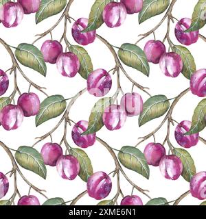 Nahtloses Aquarellmuster mit Pflaumenmuster. Handgezeichneter Hintergrund . Stockfoto
