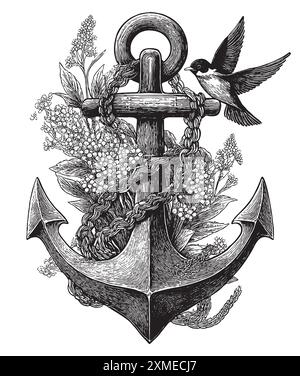 Vintage Gravur Stil Vektor Illustration eines Ankers mit Vögeln und Blumendekorationen, Tattoo Design Konzept Stock Vektor