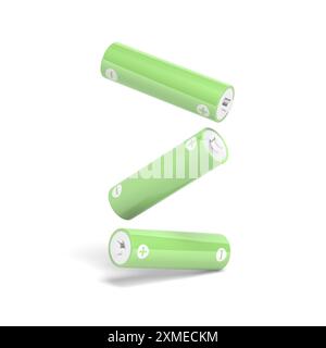 Drei AA-Batterien isoliert auf weißem Hintergrund. Grüne Farbe. 3D-Abbildung. Stockfoto