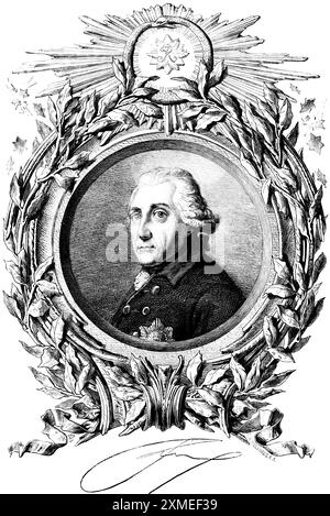 Porträt von Friedrich II. Oder Friedrich dem Großen, König von Preußen, dem Alten Fritz, Kurfürst des Heiligen Römischen Reiches, Ornamentik, Rahmen, Unterschrift Stockfoto