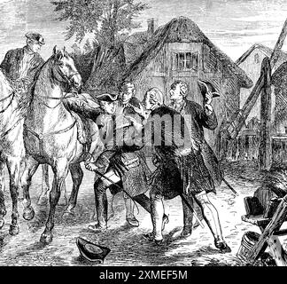 Am 4. August 1730 flüchtet Kronprinz Friedrich vor seinem Vater König Friedrich Wilhelm I., Dorf, Pferde, Höflinge, Desertion, entfliehen Stockfoto