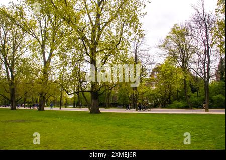Inmitten der belebten Stadt Amsterdam sonnt sich eine Gruppe von Menschen in der Sonne und genießt einen gemütlichen Spaziergang durch einen Park. Üppig grüne Bäume säumen sie Stockfoto