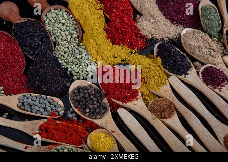 Große Sammlung von Gewürzen und Kräutern in Holzlöffeln. Gewürze für Lebensmittel auf schwarzem Hintergrund. Bunte Kräuter und Gewürze zum Kochen Stockfoto
