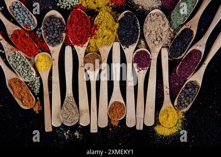 Große Sammlung von Gewürzen und Kräutern in Holzlöffeln. Gewürze für Lebensmittel auf schwarzem Hintergrund. Bunte Kräuter und Gewürze zum Kochen Stockfoto