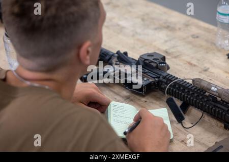 Der Midshipman der United States Naval Academy leitet eine Feuerwehrkapelle mit Marine Raiders beim Marine Forces Special Operations Command auf Camp Lejeune, North Carolina, 23. Juli 2024. Während der Ausbildung beim MARSOC konnten die Mittelschiffer die Vielfalt der Werkzeuge und Waffen erfahren, die von Operatoren mit kritischen Fähigkeiten und Spezialeinsatzoffizieren eingesetzt wurden. (Foto des U.S. Marine Corps von Sgt. Evan Jones) Stockfoto