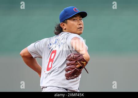 Kansas City, MO, USA. Juli 2024. Chicago Cubs Starting Pitcher Shota Imanaga (18) wirft während des ersten Inning eines Spiels gegen die Kansas City Royals im Kauffman Stadium in Kansas City, MO. David Smith/CSM/Alamy Live News Stockfoto