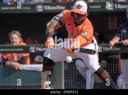 Baltimore, USA. Juli 2024. BALTIMORE, MD - 27. JULI: Der Outfield-Spieler Cedric Mullins (31) legt am 27. Juli 2024 im Orioles Park in Camden Yards in Baltimore, Maryland, eine Bunt-Partie zwischen den Baltimore Orioles und den San Diego Padres ab. (Foto: Tony Quinn/SipaUSA) Credit: SIPA USA/Alamy Live News Stockfoto