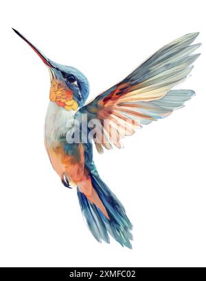 Aquarellmalerei des bunten Kolibri, isoliert auf weißem Hintergrund. Stockfoto