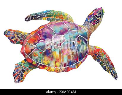 Aquarellfarbenfrohe Meeresschildkröte isoliert auf weißem Hintergrund. Digitale Illustration. Stockfoto