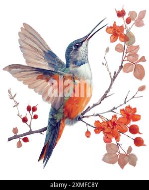 Digitales Aquarellgemälde von Kolibri und Blumen, isoliert auf weißem Hintergrund. Stockfoto