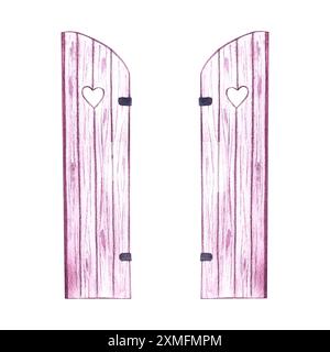 Holzläden für Fenster. Antike pinkfarbene Fensterläden in rustikalem Stil. Eine Aquarellabbildung von Hand. Markieren Sie sie. Ein Designelement für Zuhause, Stockfoto