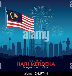 Malaysia Unabhängigkeitstag, Hari Merdeka Poster, Skyline der Stadt, Feuerwerk und Flaggenillustration Stock Vektor